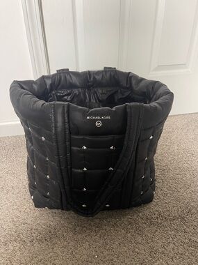 Michael Kors Black Quilted Puffer Tote with Silver Studs